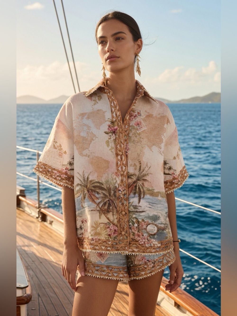 Zimmermann Beige Tropical Map Print Linen shirt & shorts set of 2